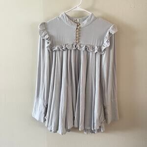 Lelasilk Ruffle Tunic Blouse Gray Silk Babydoll Pleated Long Sleeve Boho Top